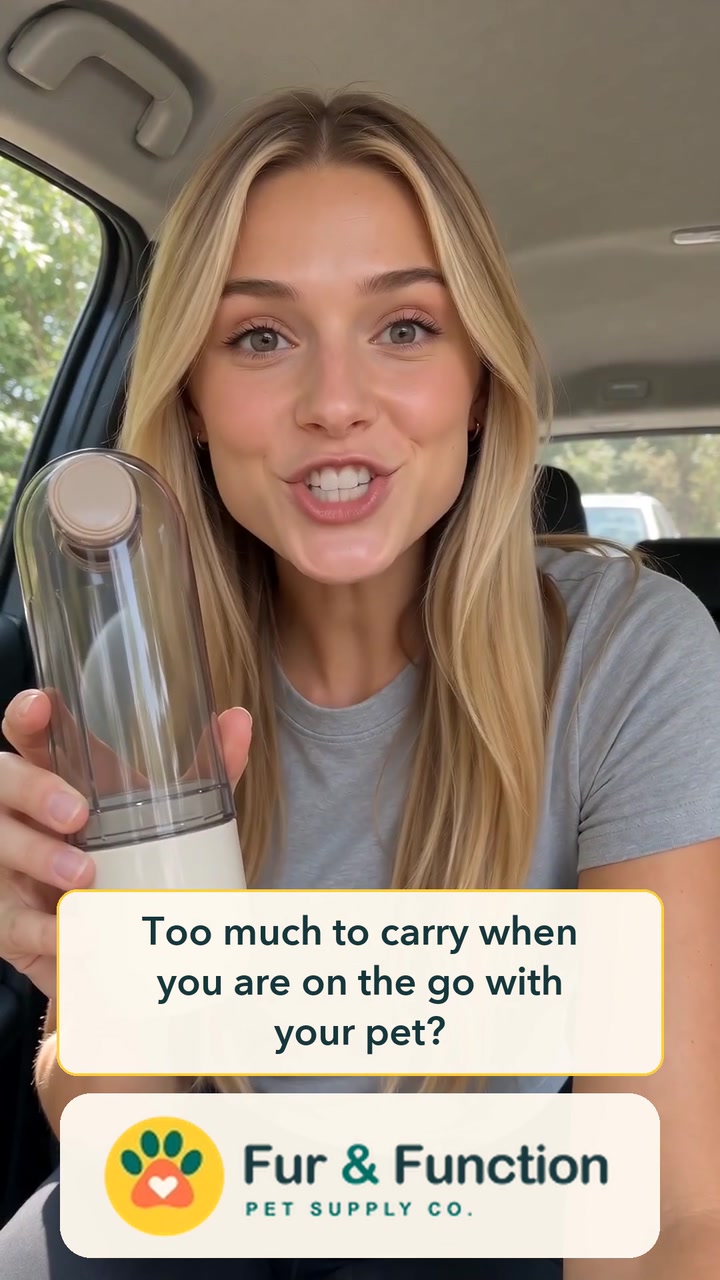Blonde AI presenter holding a pet water bottle in the Fur and Function ad